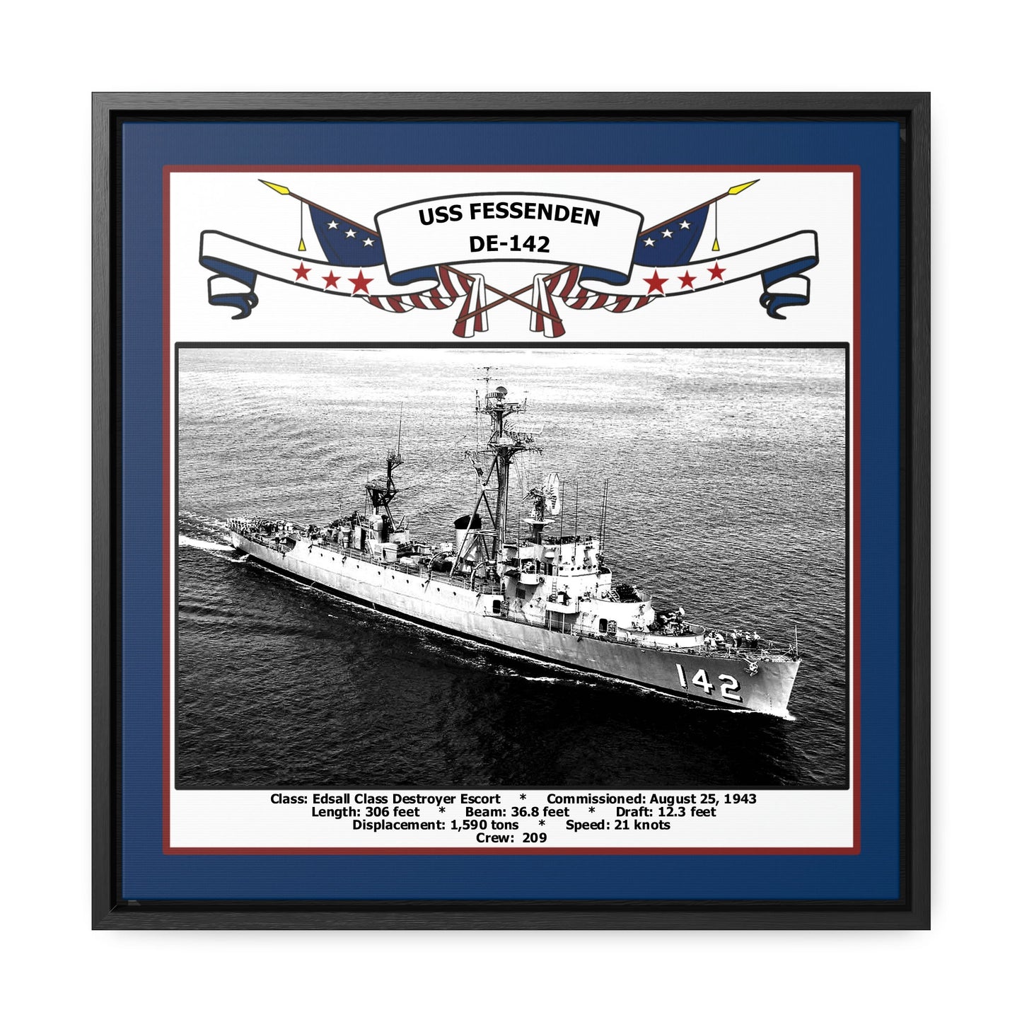 USS Fessenden DE-142 Navy Floating Frame Photo Front View