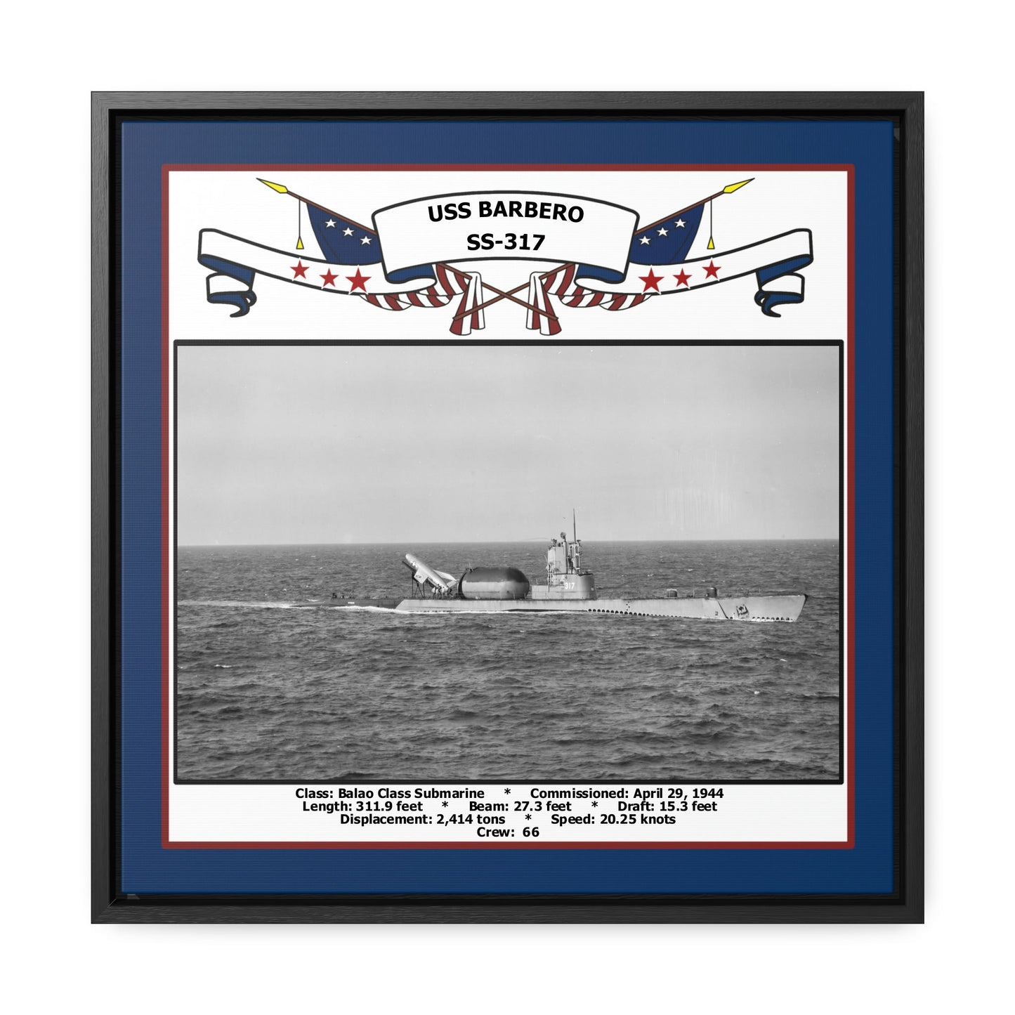 USS Barbero SS-317 Navy Floating Frame Photo Front View
