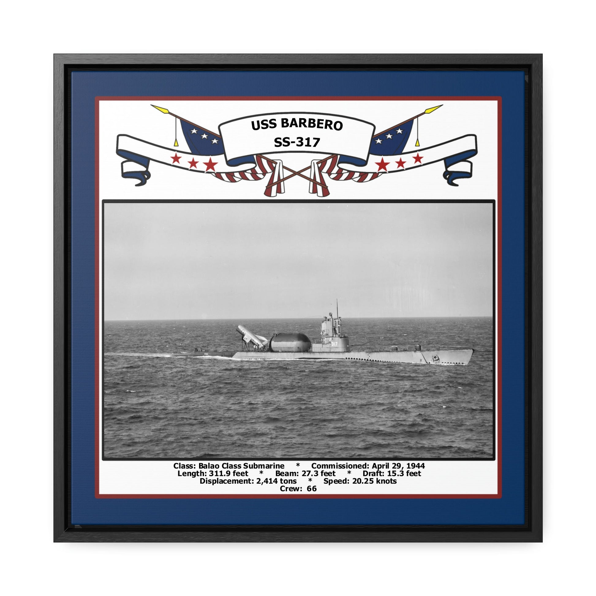 USS Barbero SS-317 Navy Floating Frame Photo Front View