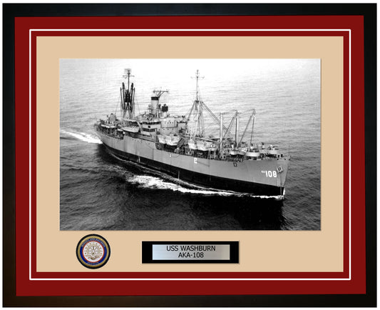 USS Washburn AKA-108 Framed Navy Ship Photo Burgundy