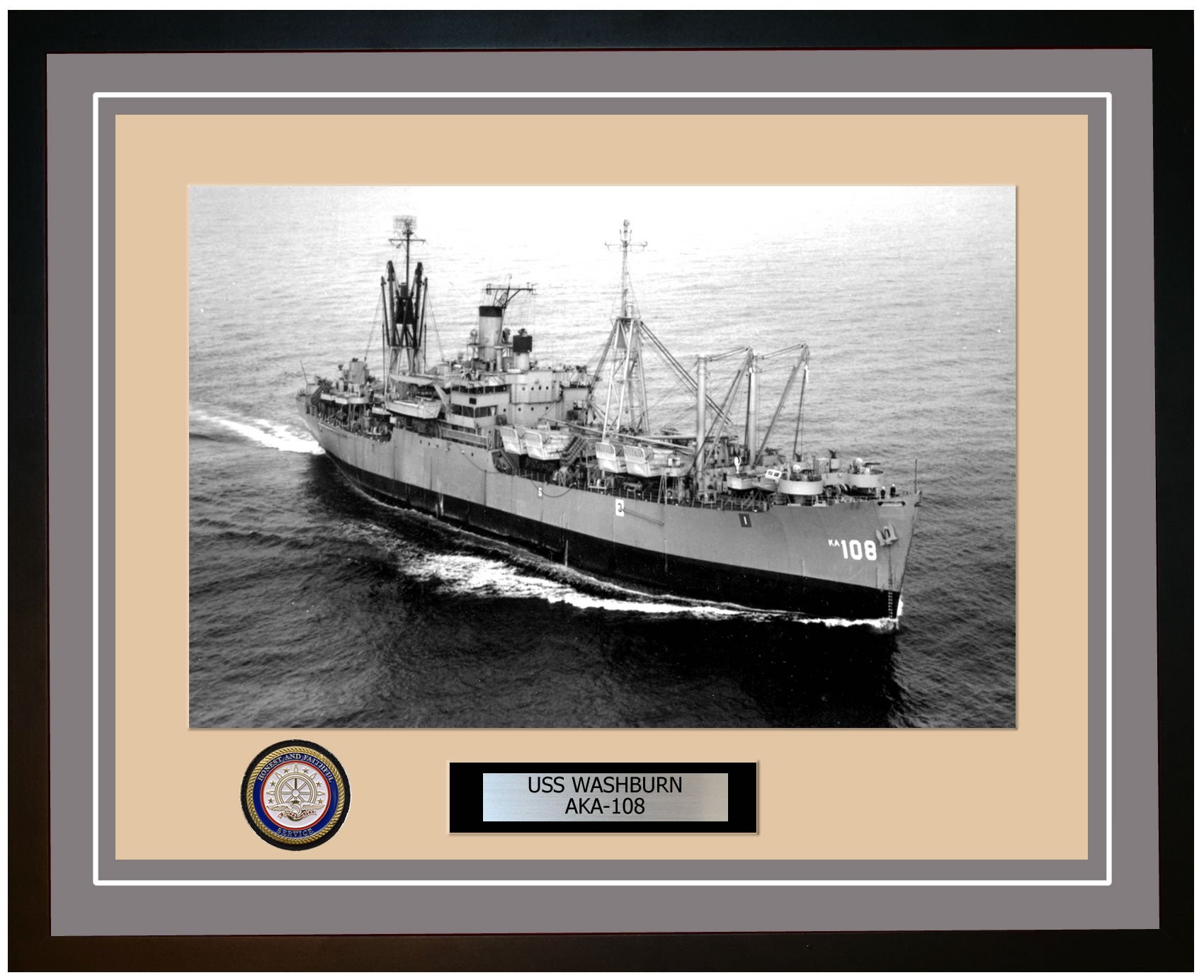 USS Washburn AKA-108 Framed Navy Ship Photo Grey