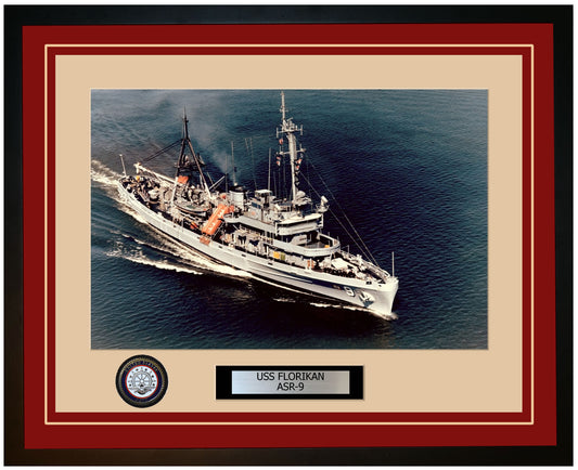 USS FLORIKAN ASR-9 Framed Navy Ship Photo Burgundy