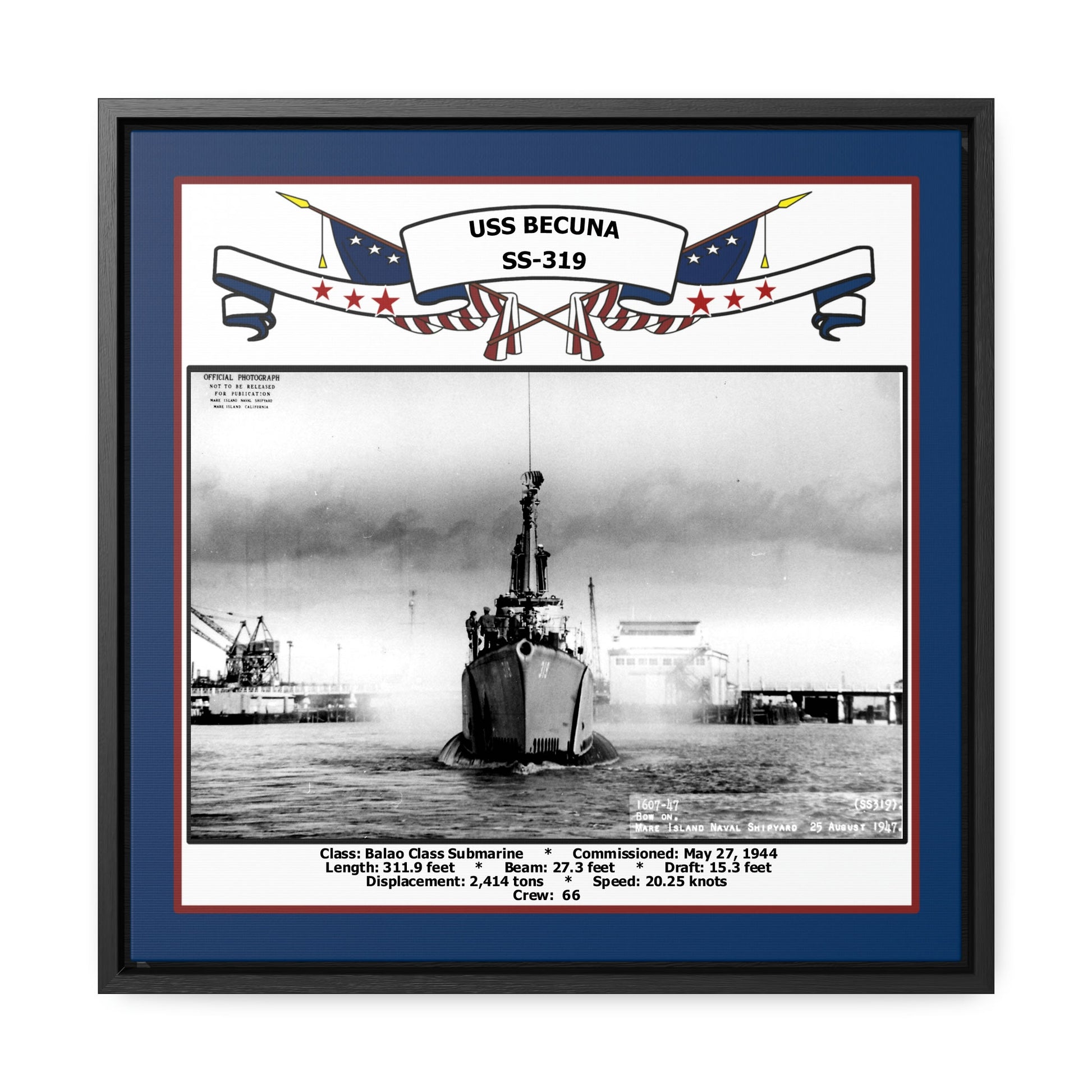 USS Becuna SS-319 Navy Floating Frame Photo Front View