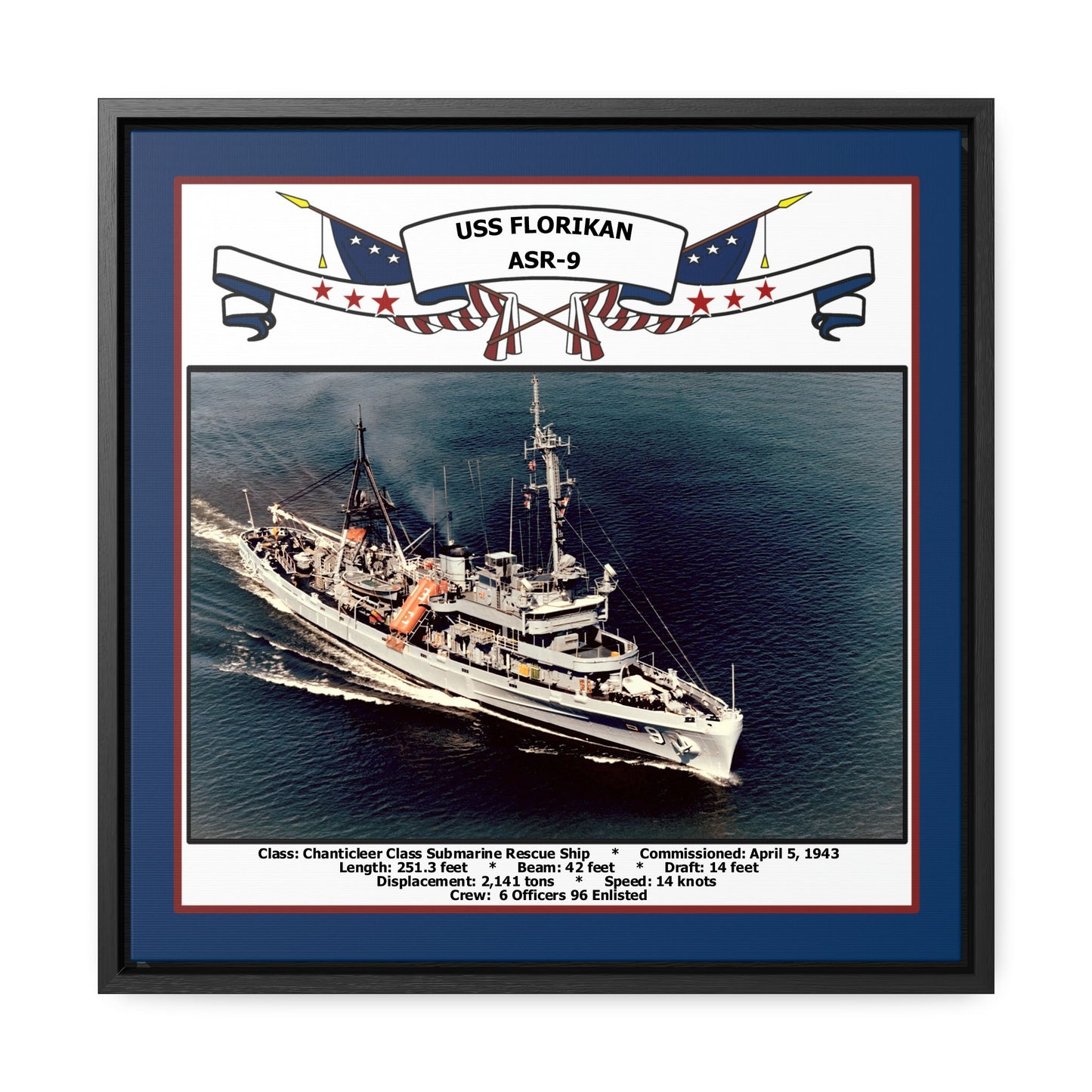 USS Florikan ASR-9 Navy Floating Frame Photo Front View