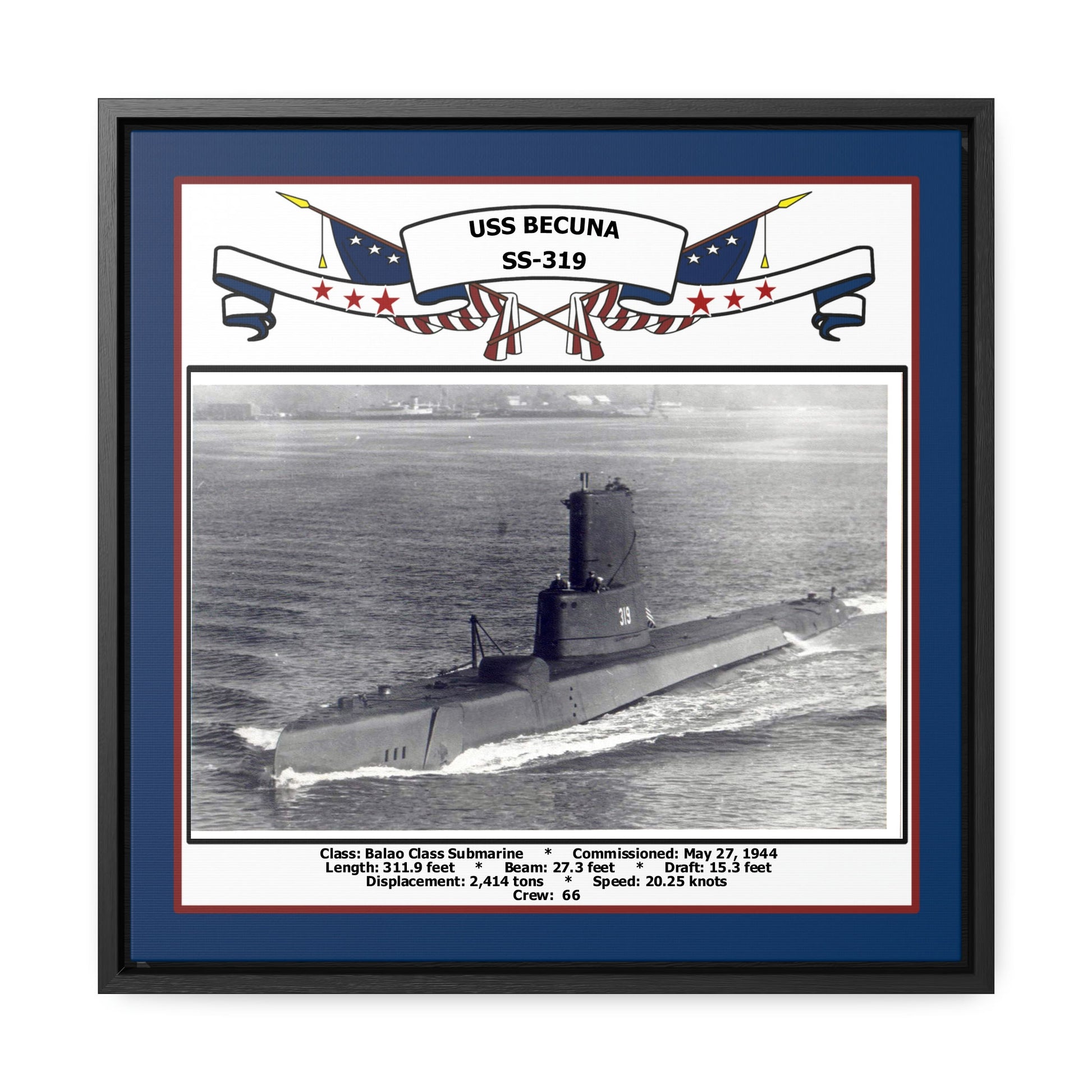 USS Becuna SS-319 Navy Floating Frame Photo Front View
