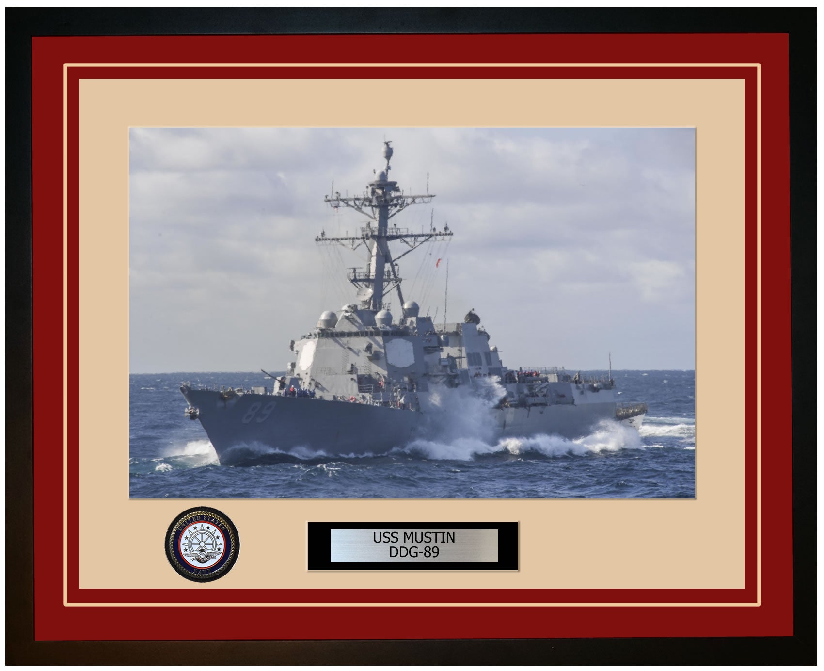 USS MUSTIN DDG-89 Framed Navy Ship Photo Burgundy
