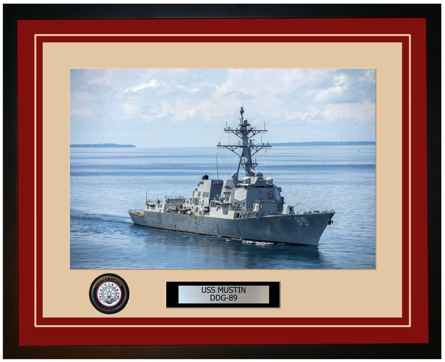 USS MUSTIN DDG-89 Framed Navy Ship Photo Burgundy