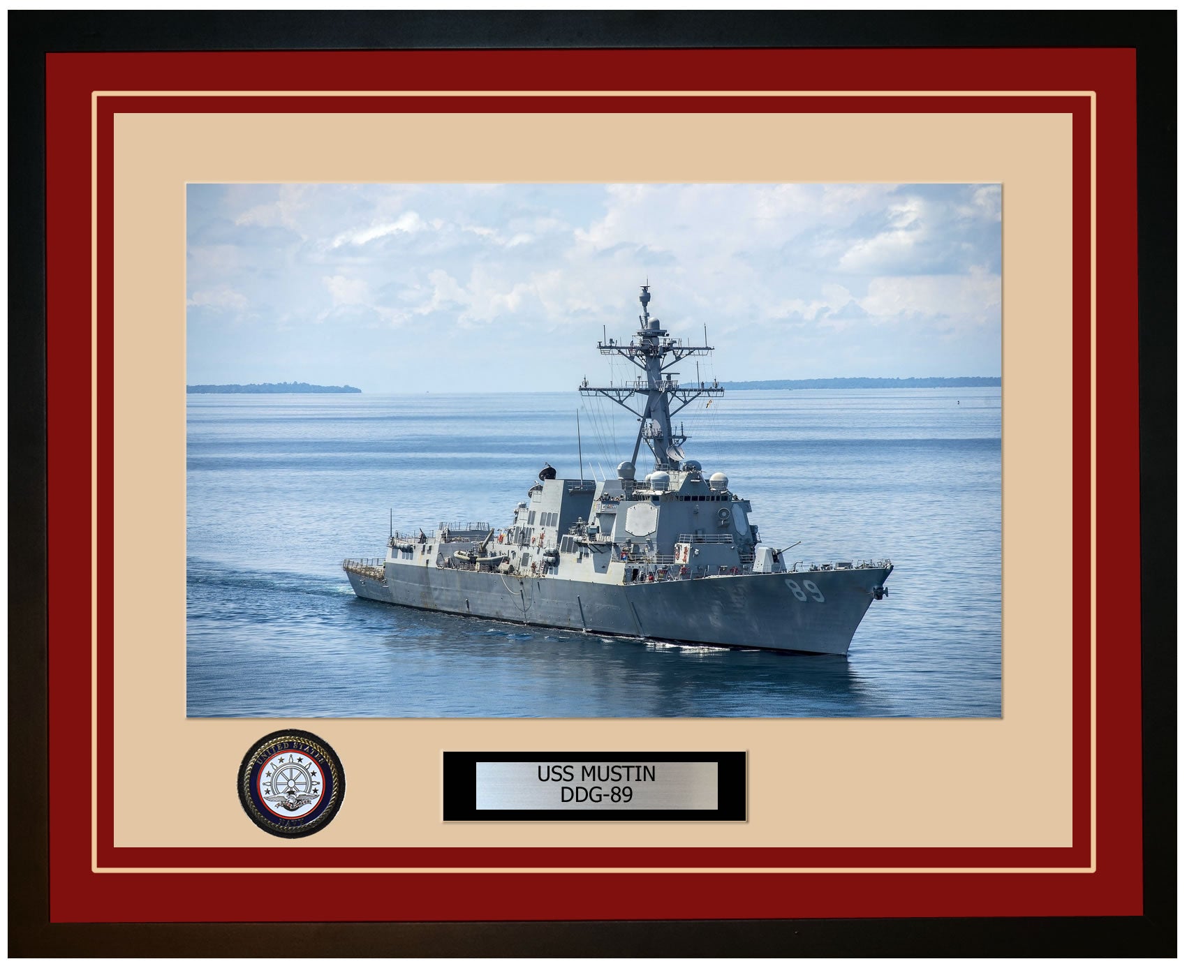 USS MUSTIN DDG-89 Framed Navy Ship Photo Burgundy
