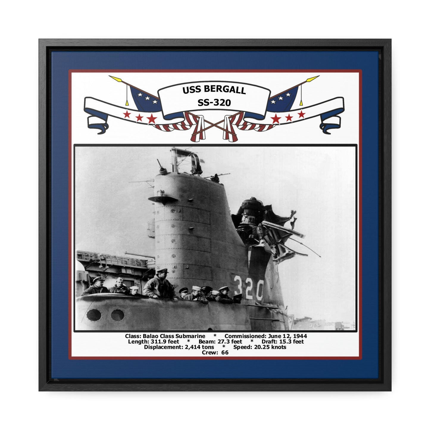 USS Bergall SS-320 Navy Floating Frame Photo Front View