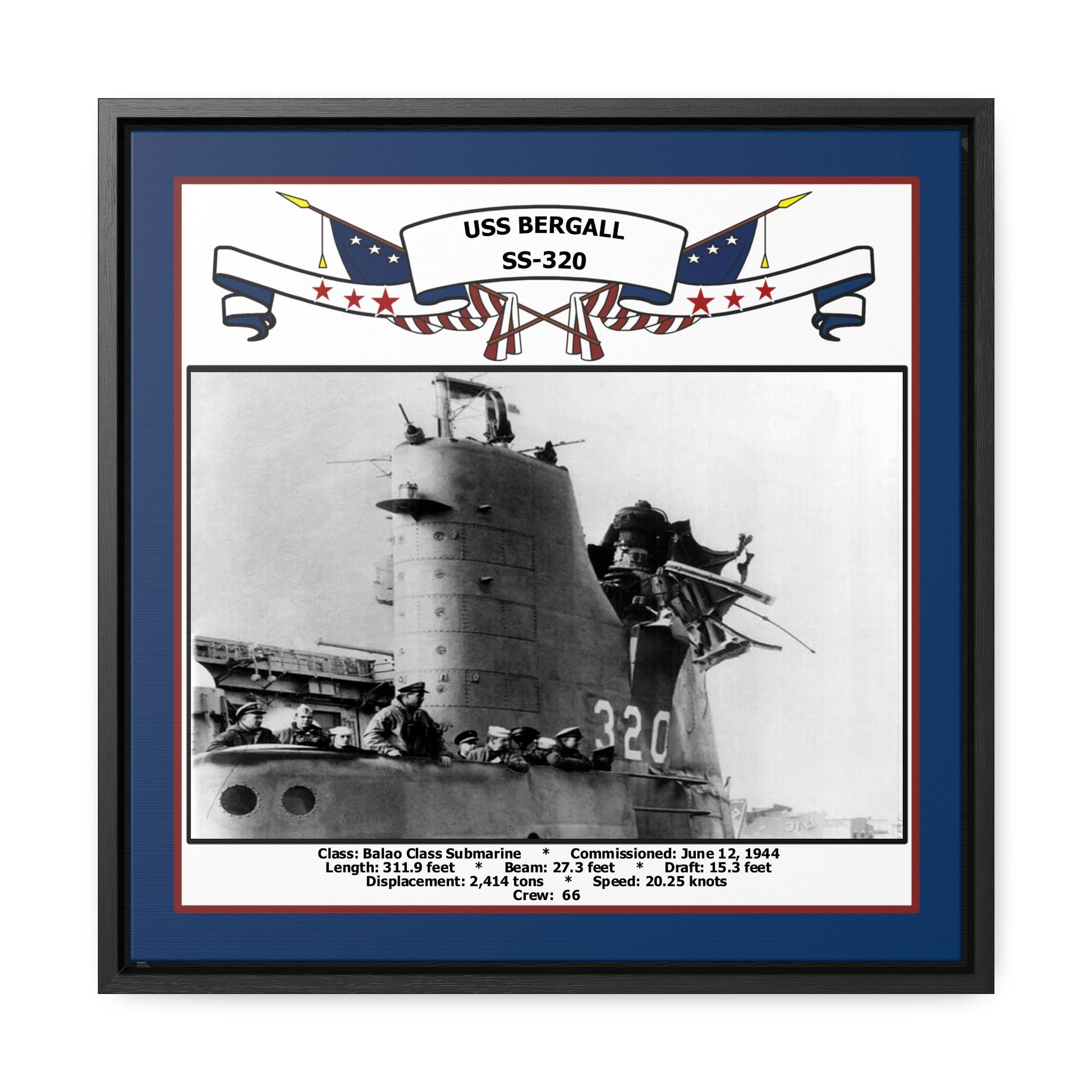 USS Bergall SS-320 Navy Floating Frame Photo Front View