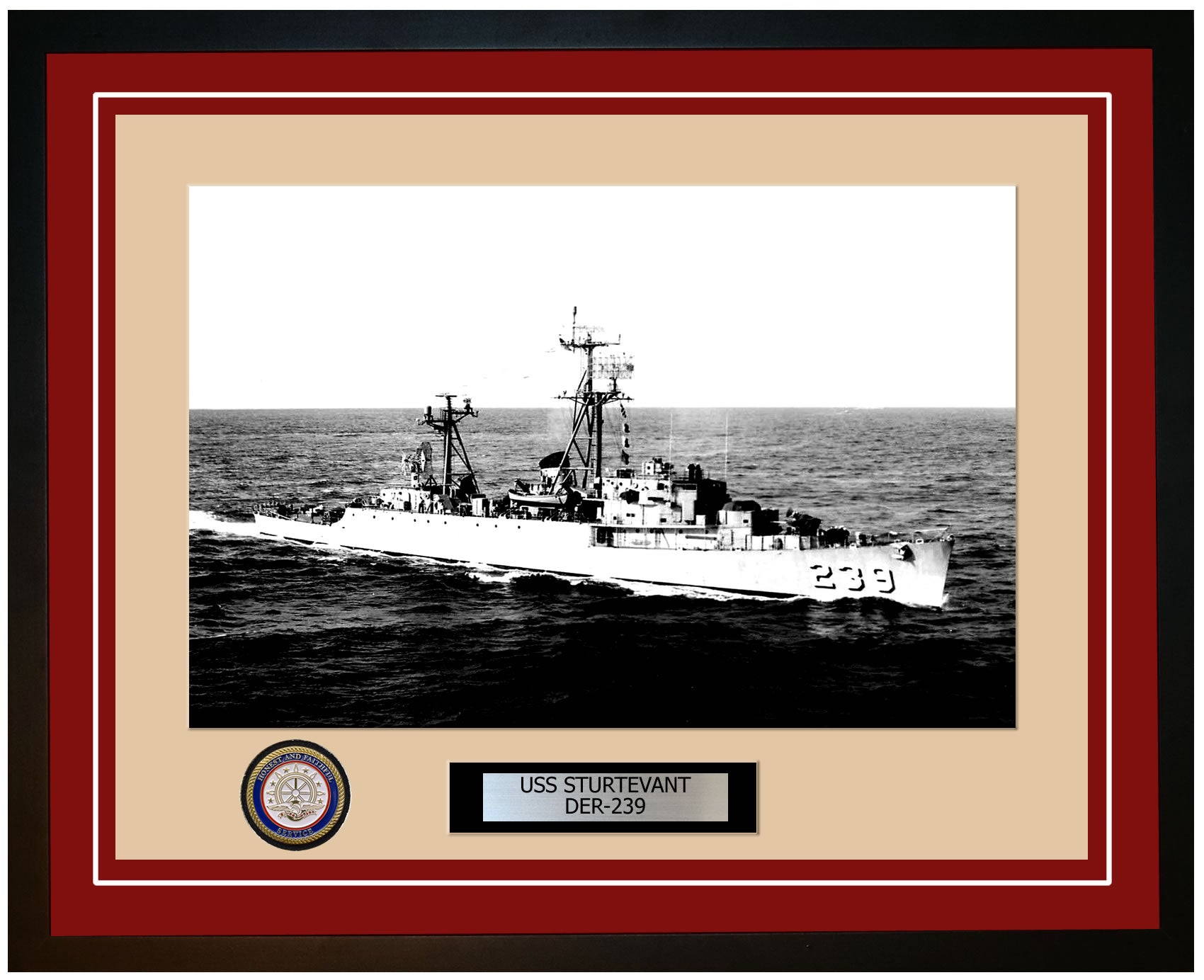 USS Sturtevant DER-239 Framed Navy Ship Photo Burgundy