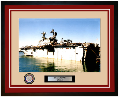 USS Saipan LHA-2 Framed Navy Ship Photo Burgundy