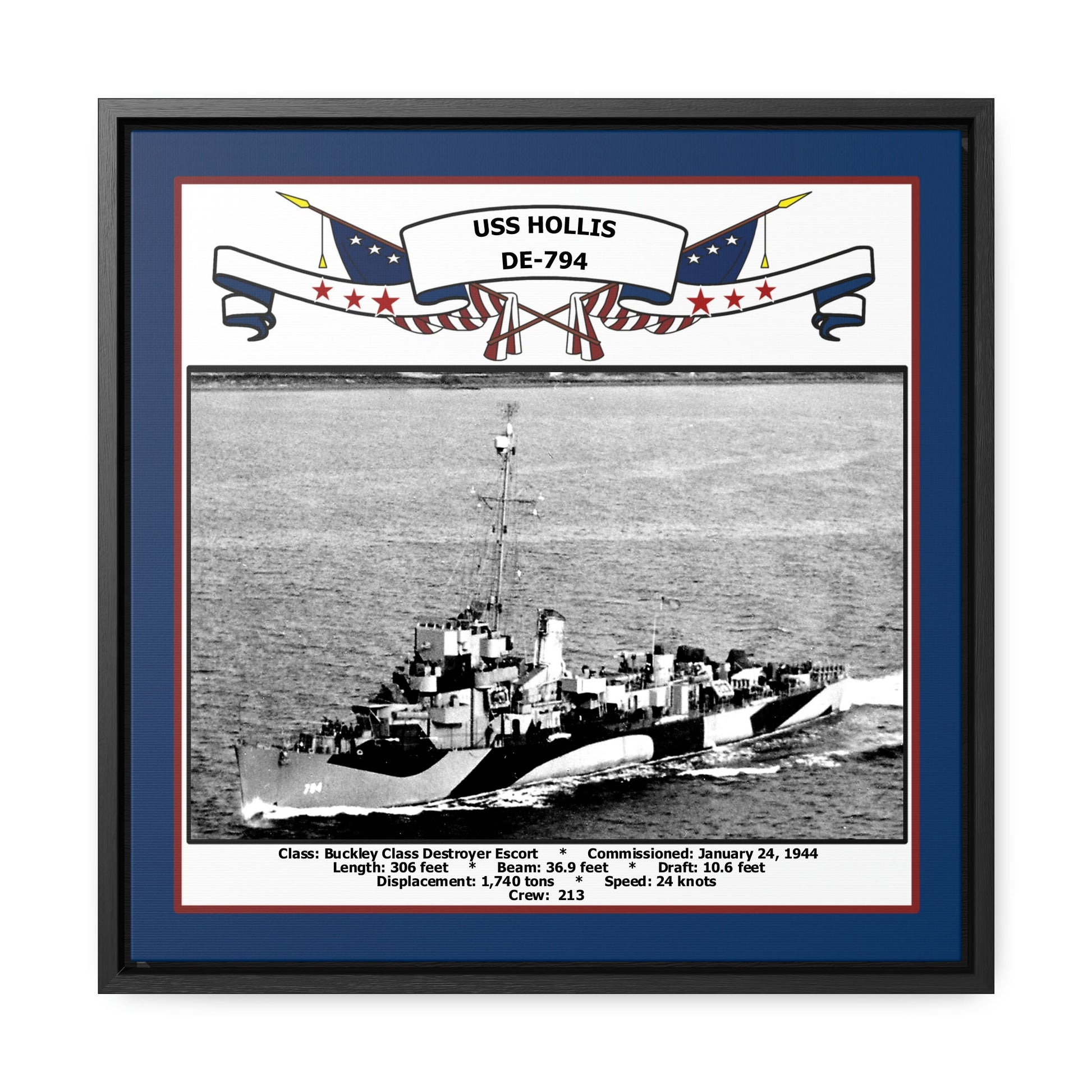 USS Hollis DE-794 Navy Floating Frame Photo Front View