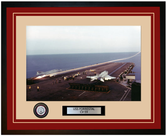 USS FORRESTAL CV-59 Framed Navy Ship Photo Burgundy