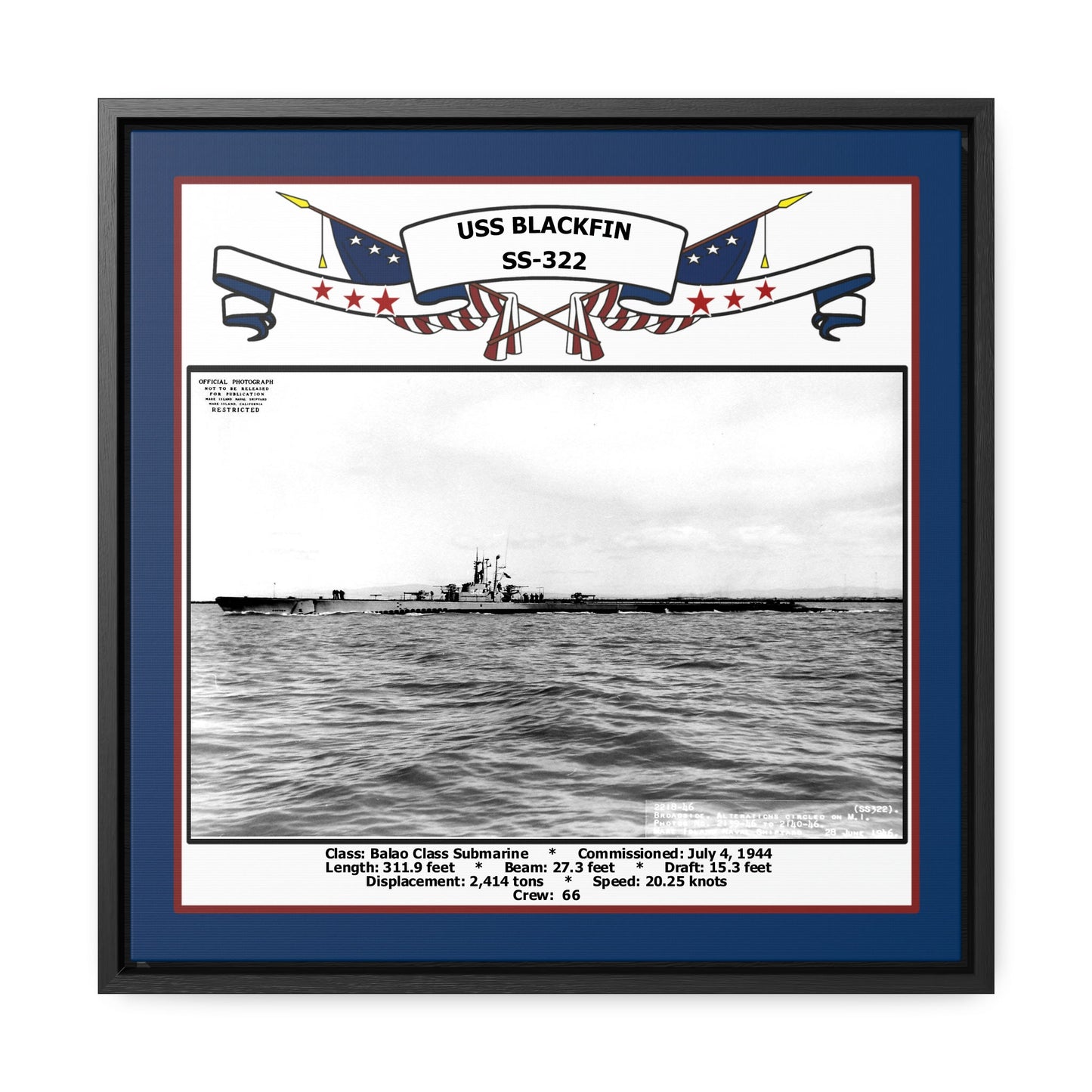 USS Blackfin SS-322 Navy Floating Frame Photo Front View
