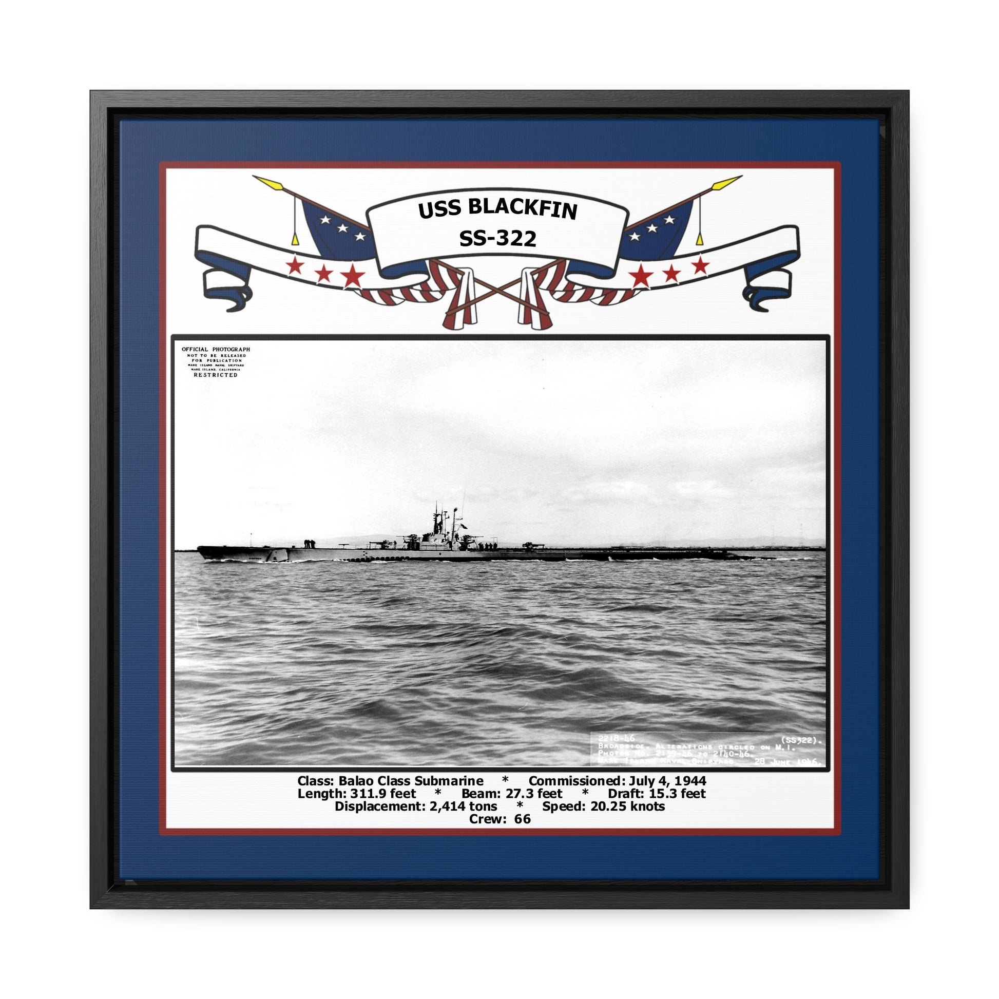 USS Blackfin SS-322 Navy Floating Frame Photo Front View