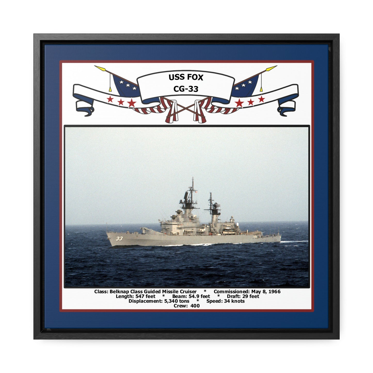 USS Fox CG-33 Navy Floating Frame Photo Front View