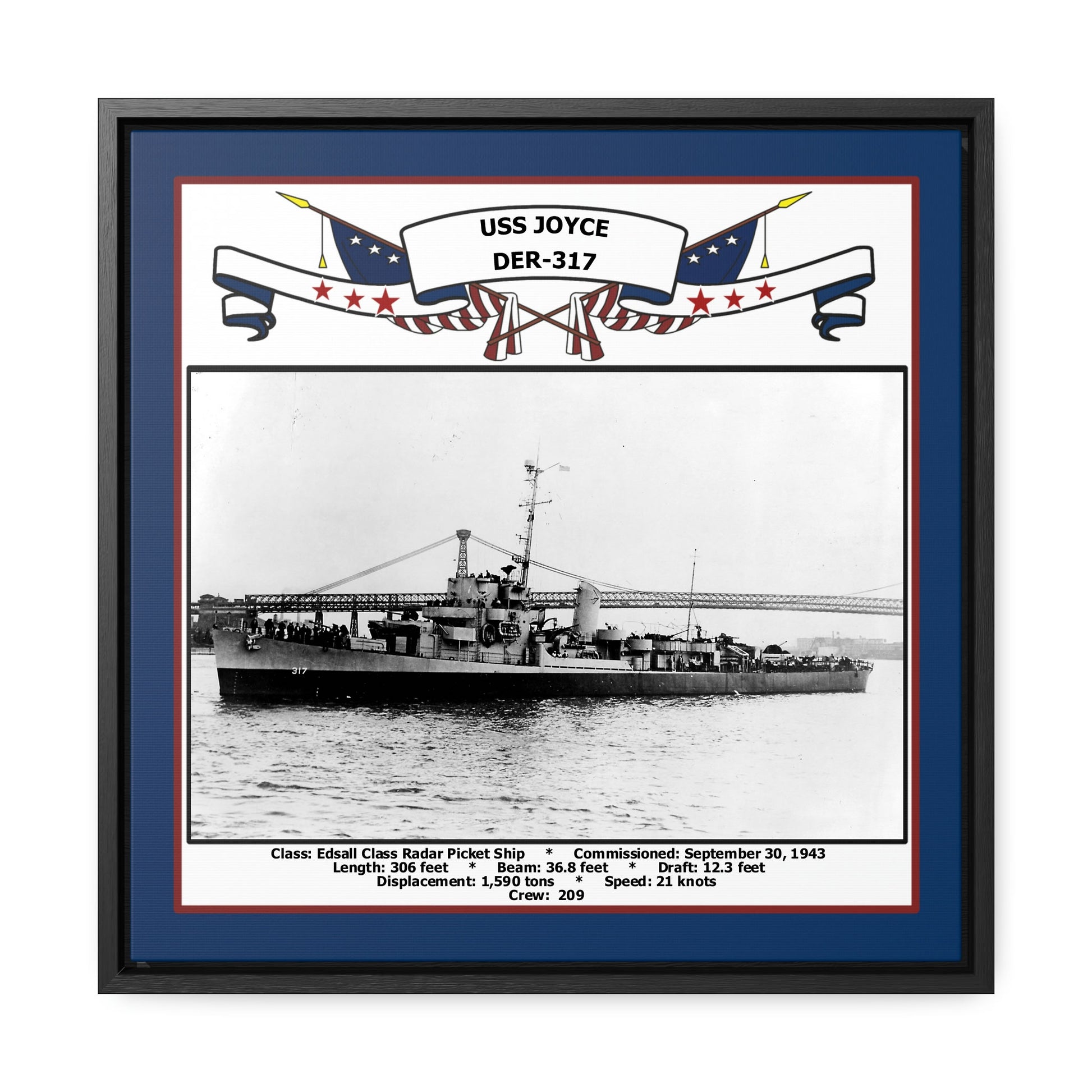 USS Joyce DER-317 Navy Floating Frame Photo Front View