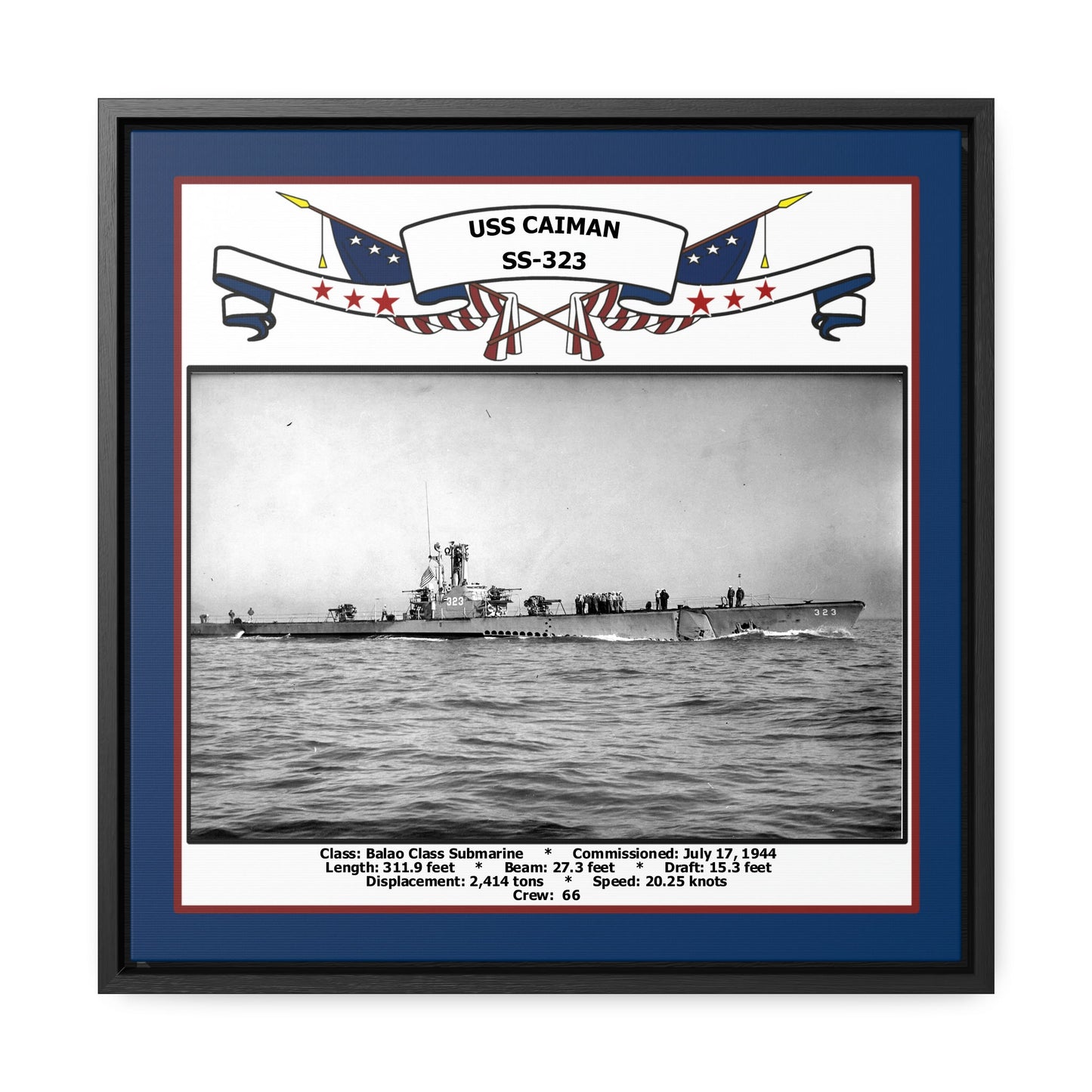 USS Caiman SS-323 Navy Floating Frame Photo Front View