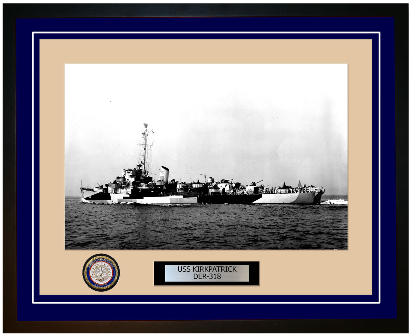 USS Kirkpatrick DER-318 Framed Navy Ship Photo Blue