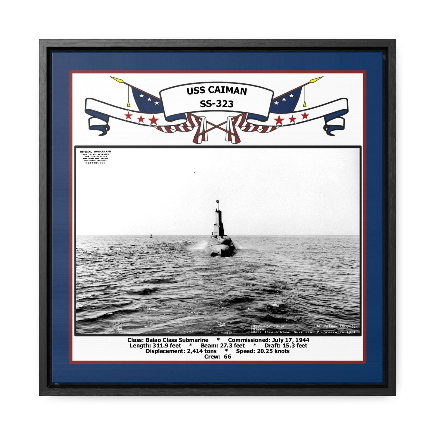 USS Caiman SS-323 Navy Floating Frame Photo Front View