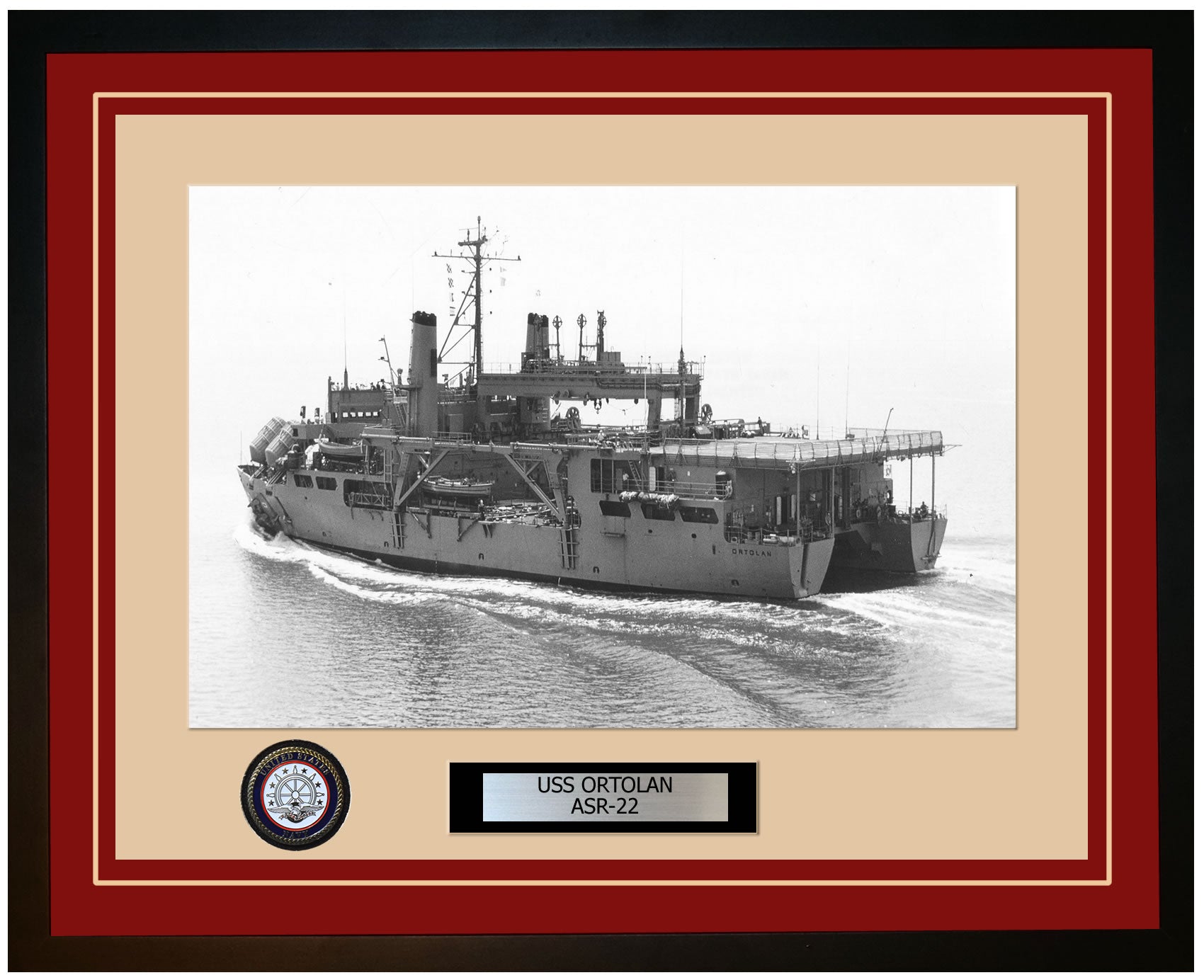 USS ORTOLAN ASR-22 Framed Navy Ship Photo Burgundy