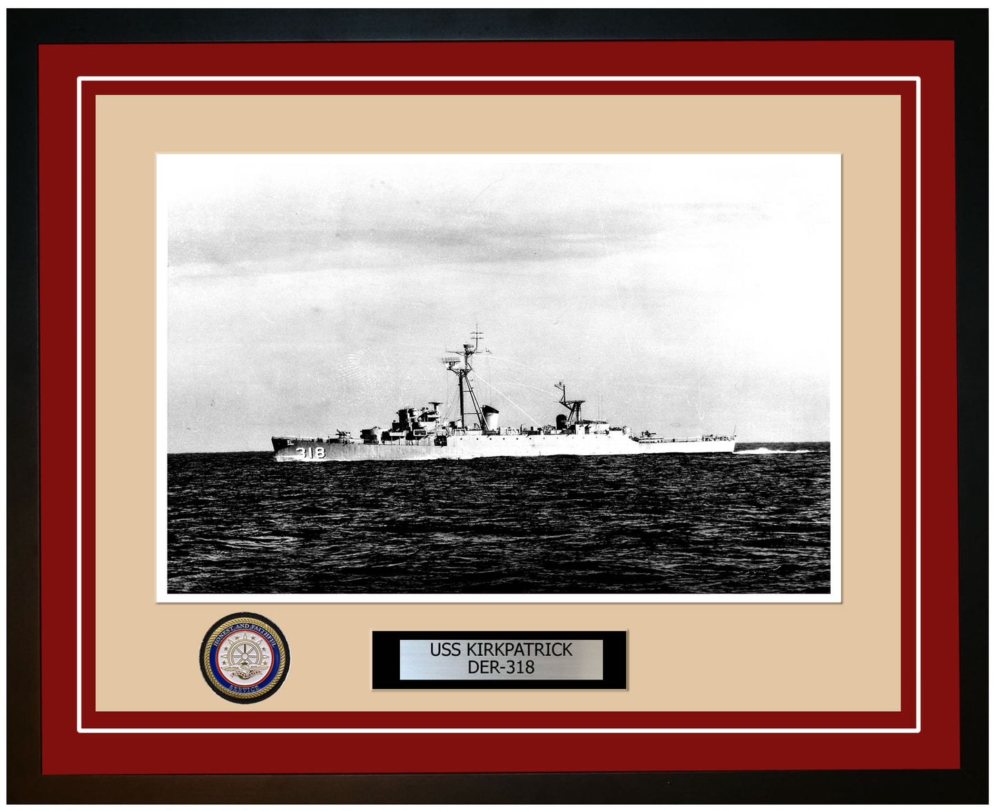 USS Kirkpatrick DER-318 Framed Navy Ship Photo Burgundy