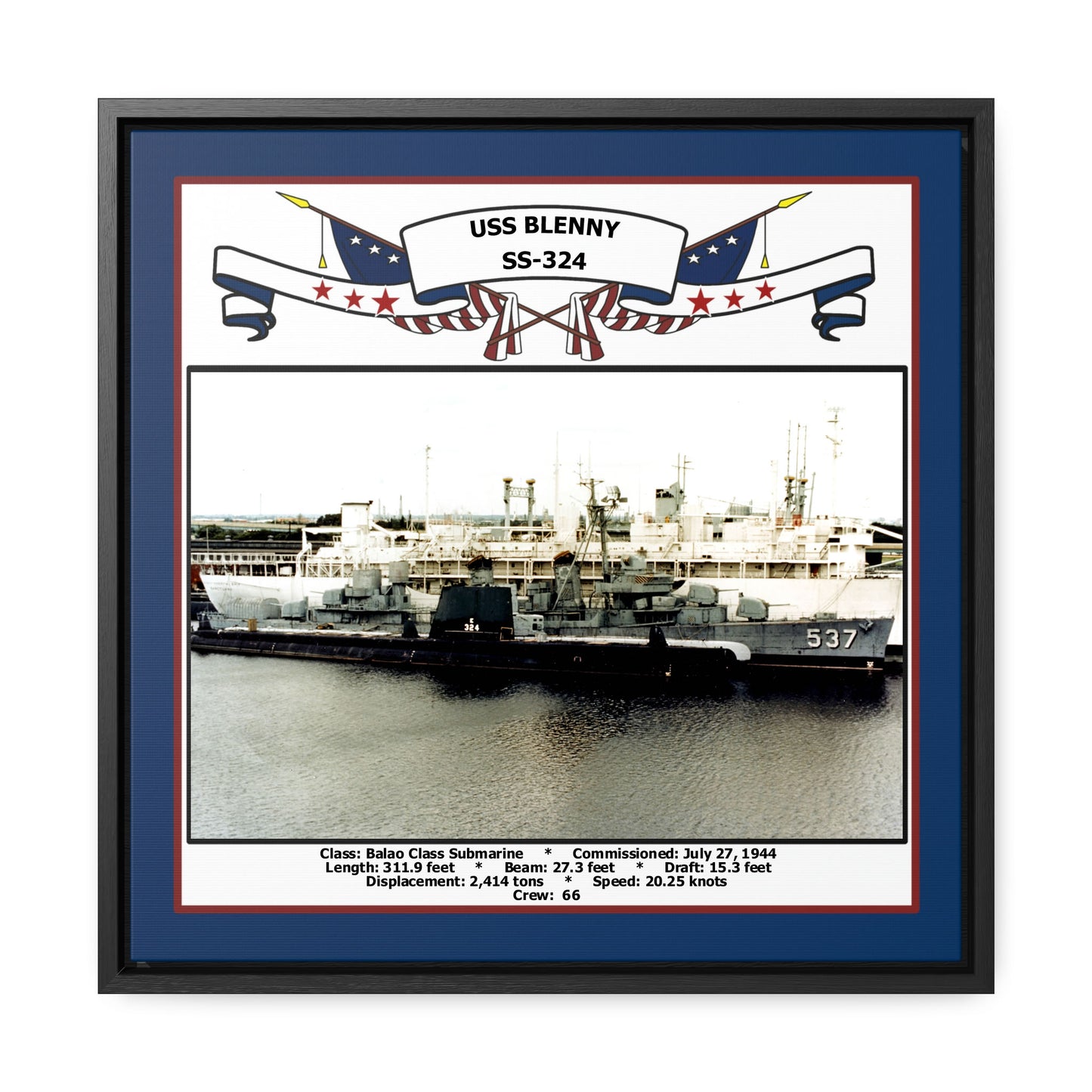 USS Blenny SS-324 Navy Floating Frame Photo Front View