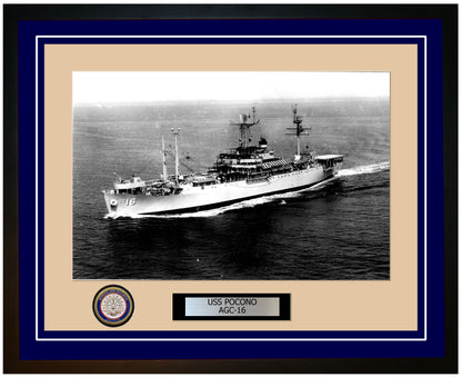 USS Pocono AGC-16 Framed Navy Ship Photo Blue
