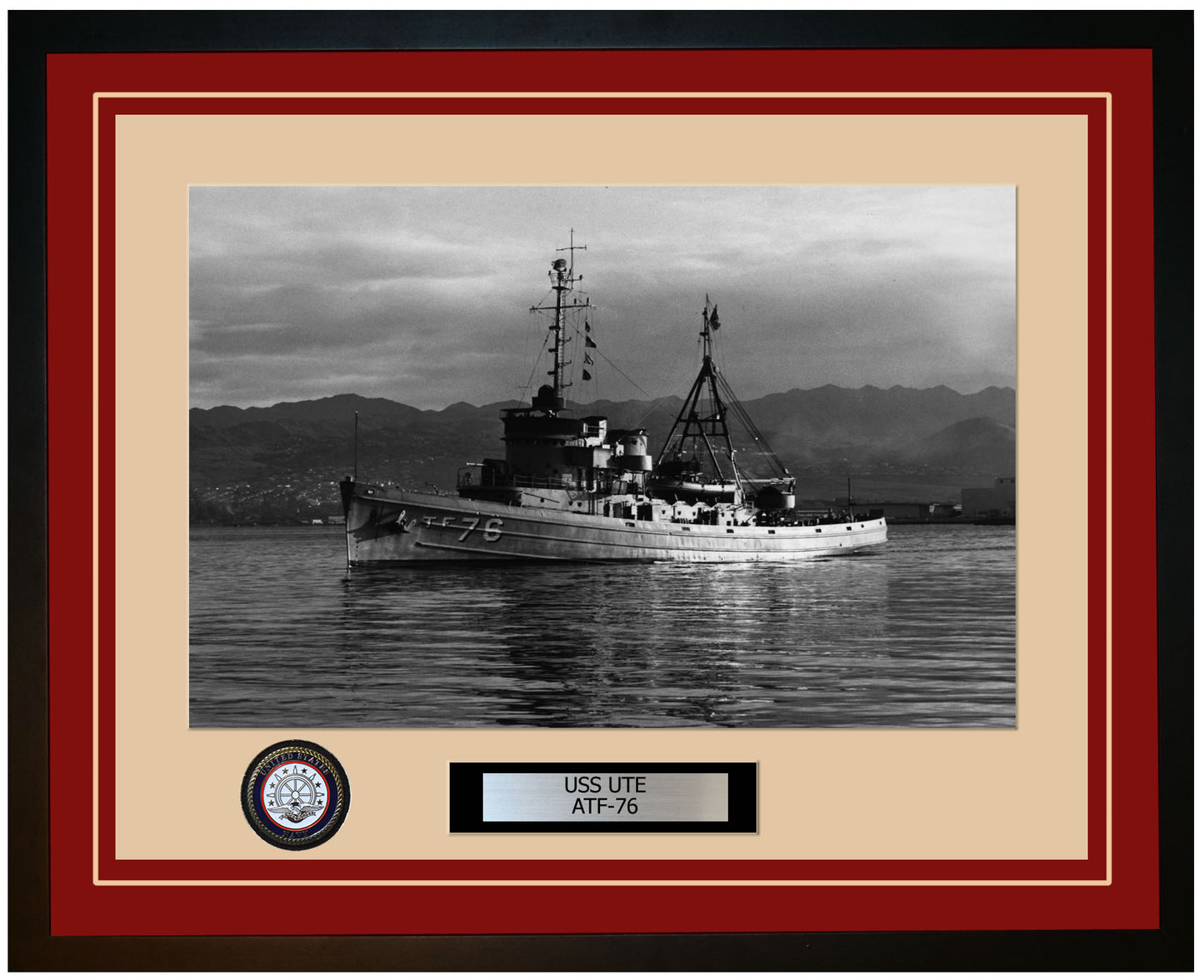 USS UTE ATF-76 Framed Navy Ship Photo Burgundy