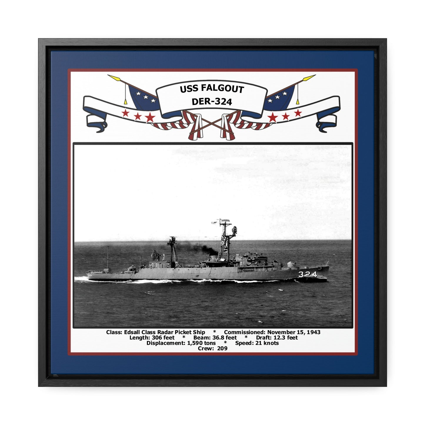USS Falgout DER-324 Navy Floating Frame Photo Front View