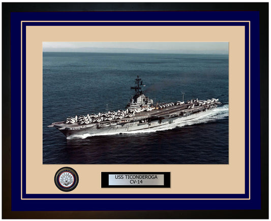 USS TICONDEROGA CV-14 Framed Navy Ship Photo Blue