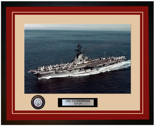 USS TICONDEROGA CV-14 Framed Navy Ship Photo Burgundy