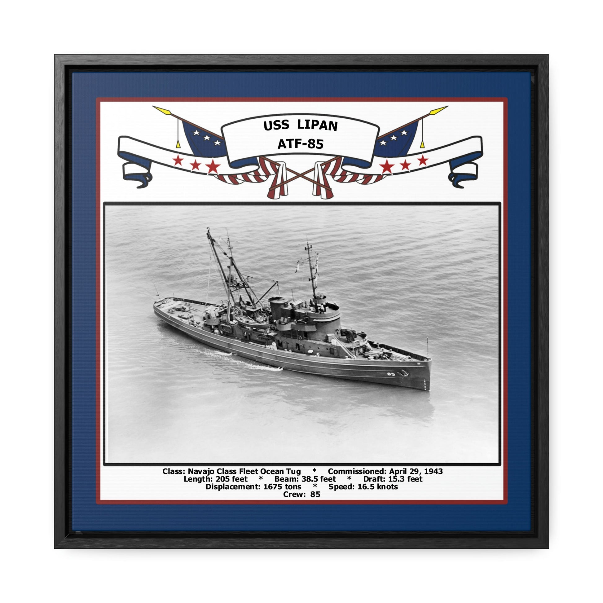 USS Lipan ATF-85 Navy Floating Frame Photo Front View
