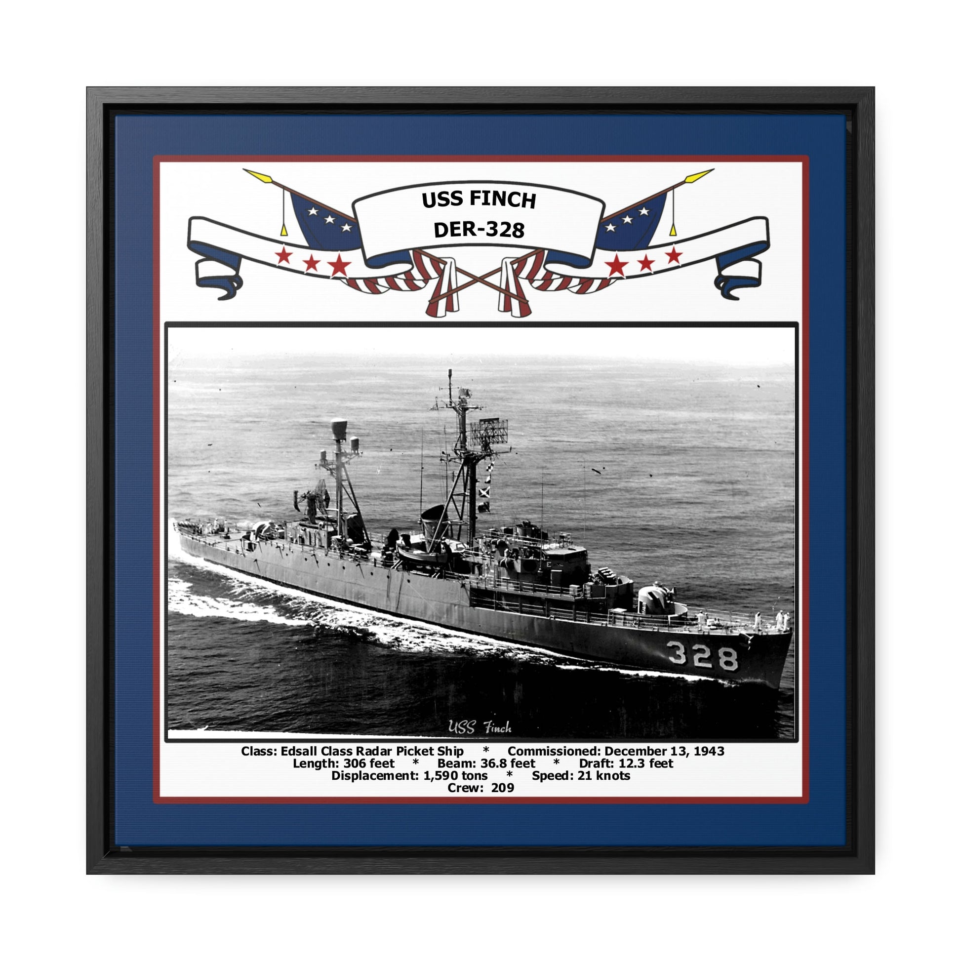 USS Finch DER-328 Navy Floating Frame Photo Front View
