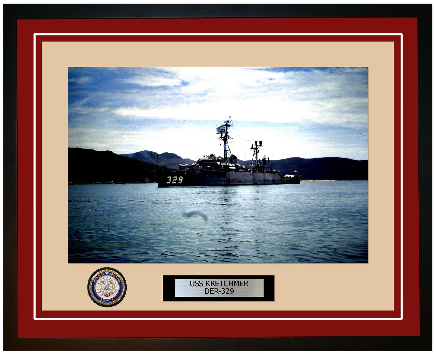 USS Kretchmer DER-329 Framed Navy Ship Photo Burgundy