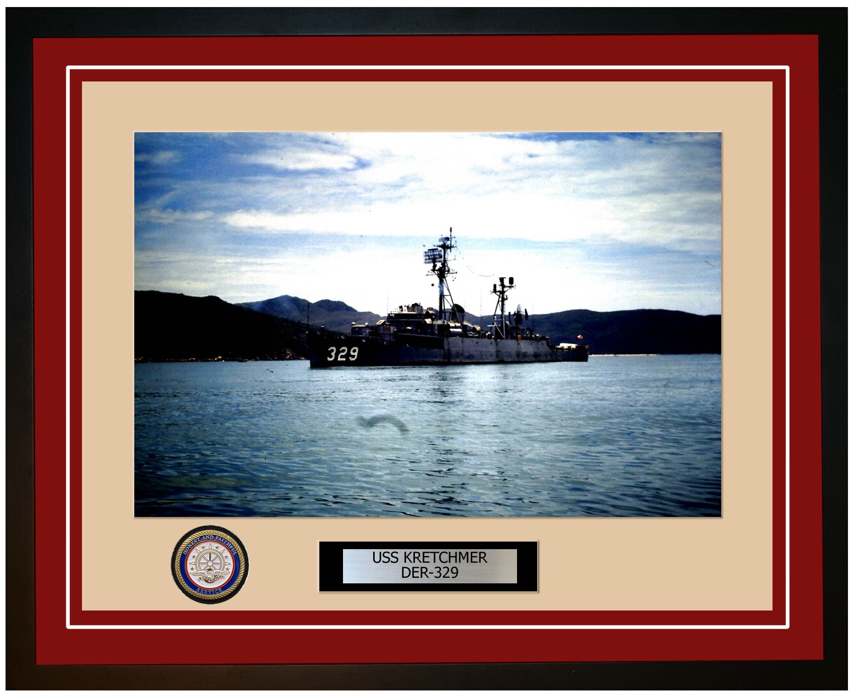 USS Kretchmer DER-329 Framed Navy Ship Photo Burgundy
