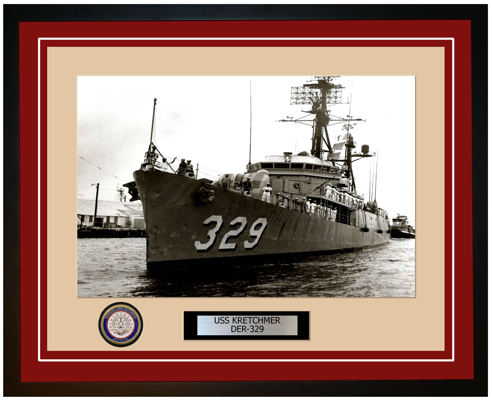 USS Kretchmer DER-329 Framed Navy Ship Photo Burgundy