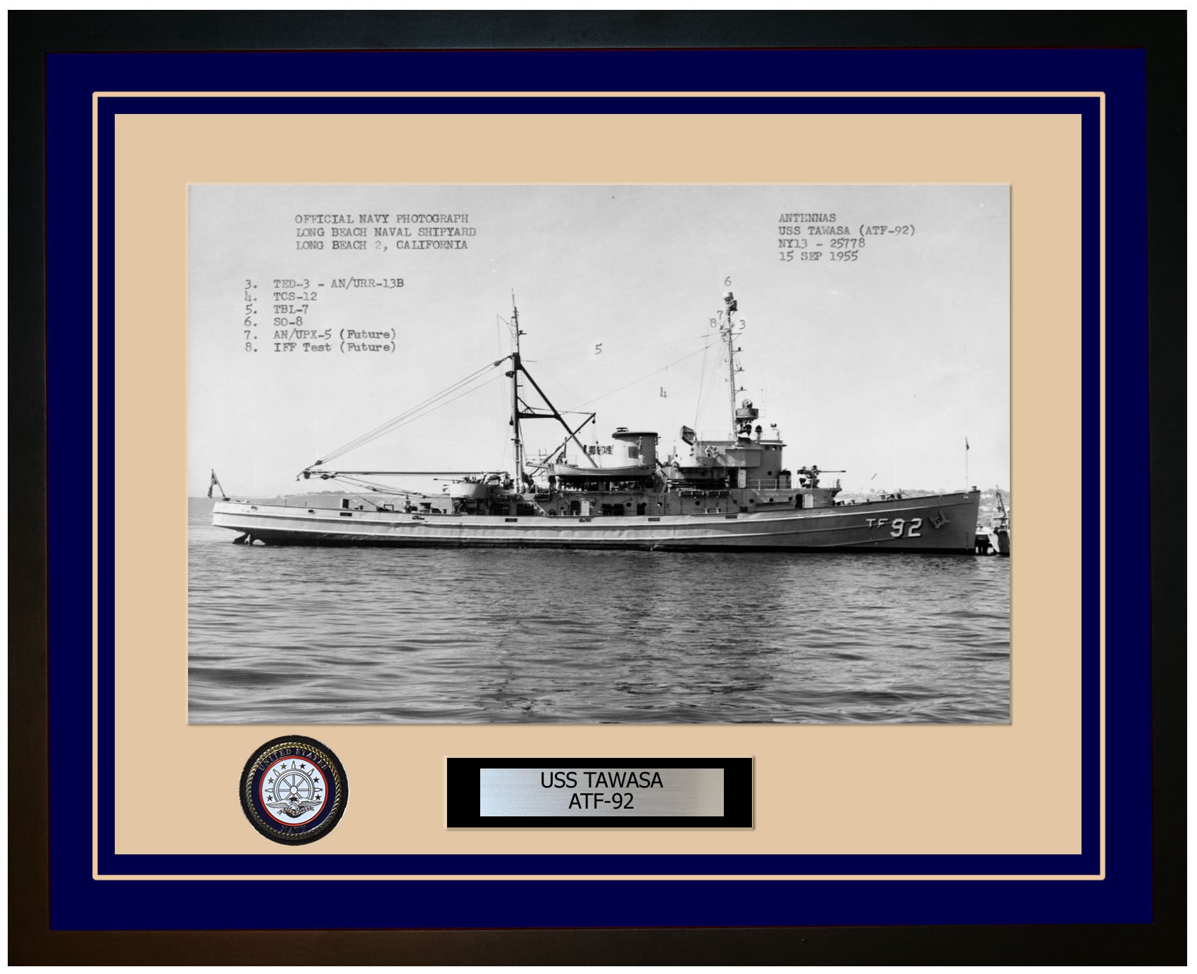 USS TAWASA ATF-92 Framed Navy Ship Photo Blue