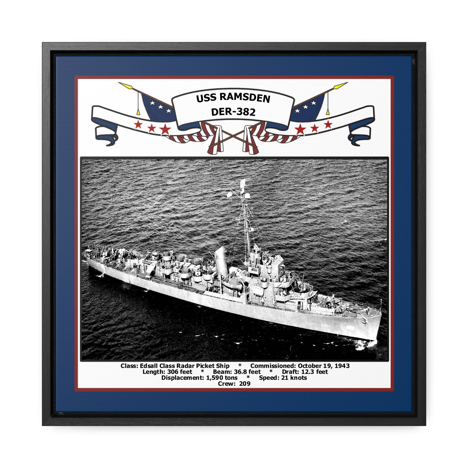 USS Ramsden DER-382 Navy Floating Frame Photo Front View