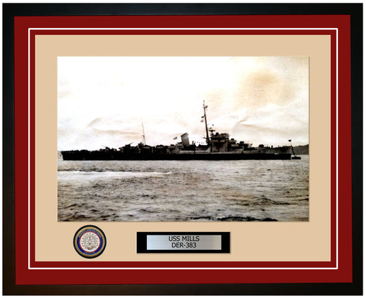 USS Mills DER-383 Framed Navy Ship Photo Burgundy