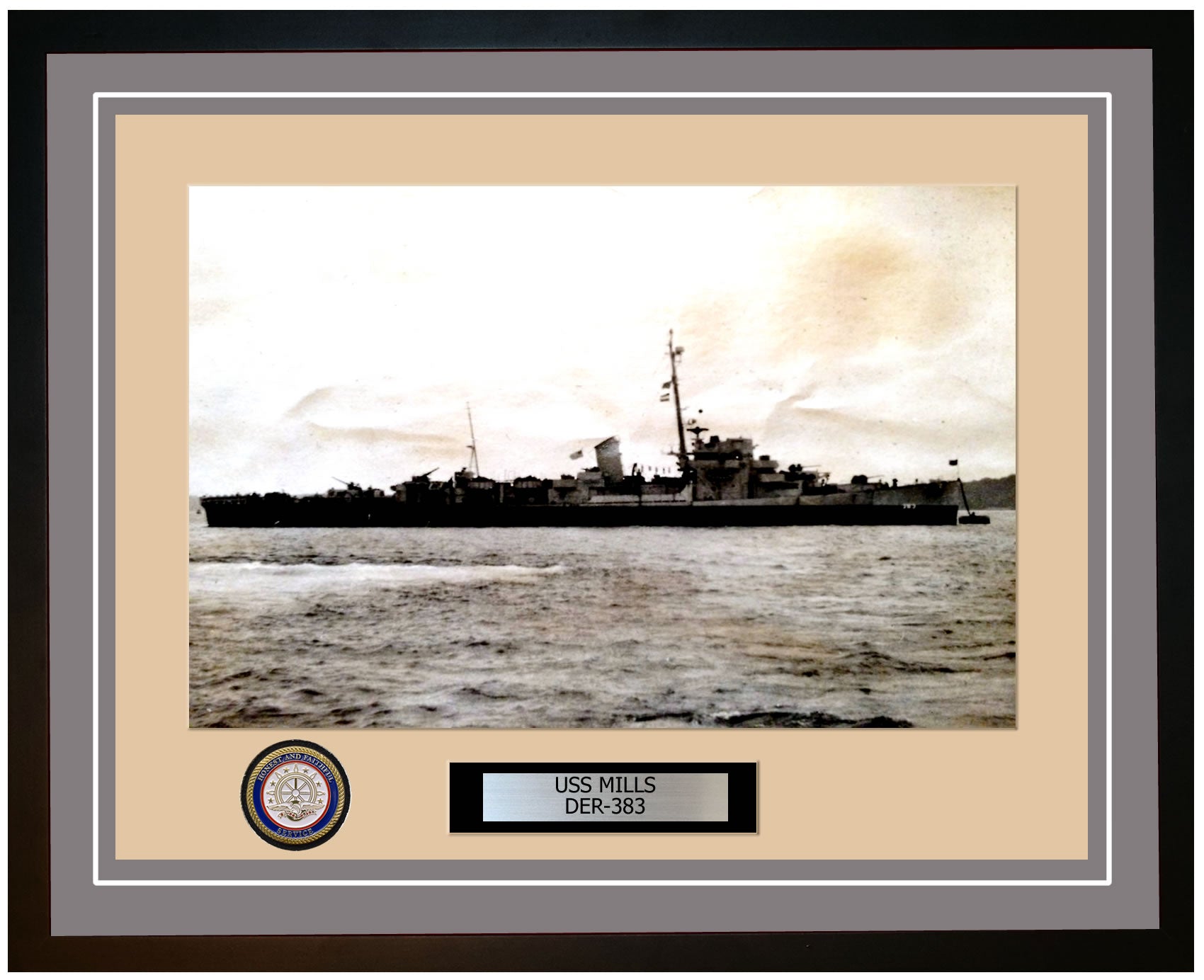 USS Mills DER-383 Framed Navy Ship Photo Grey