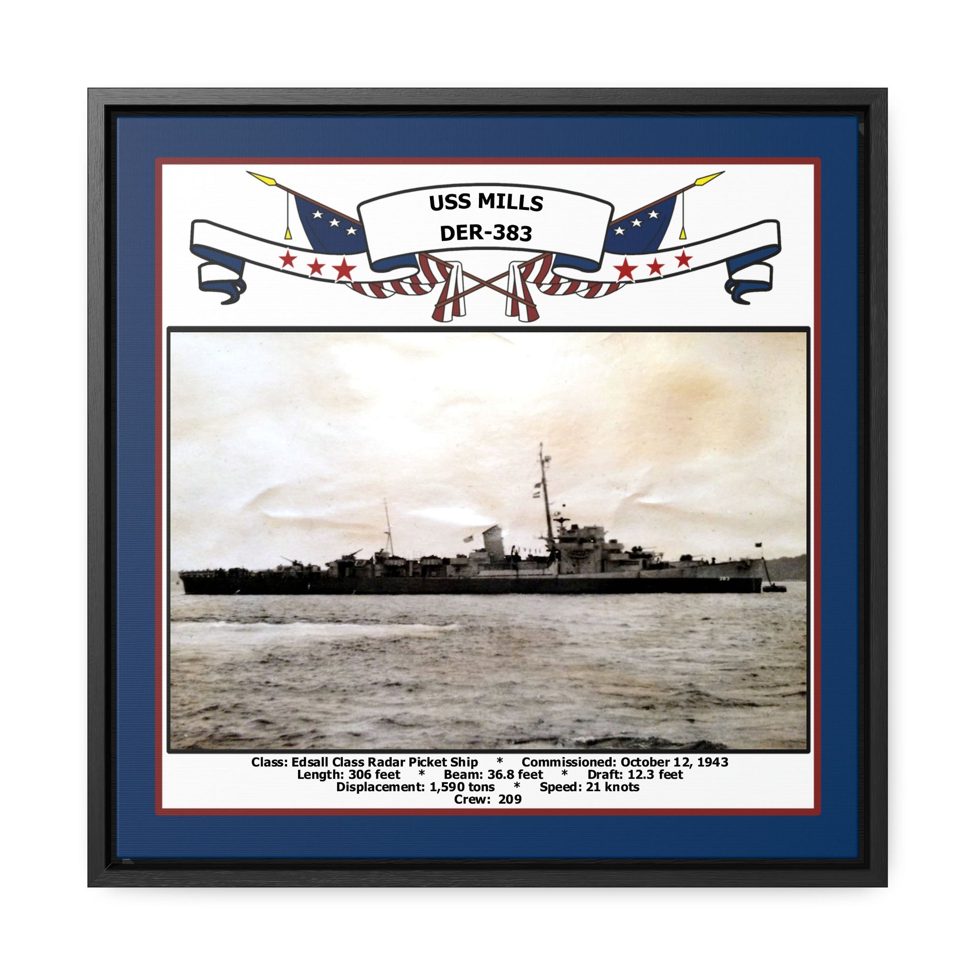 USS Mills DER-383 Navy Floating Frame Photo Front View