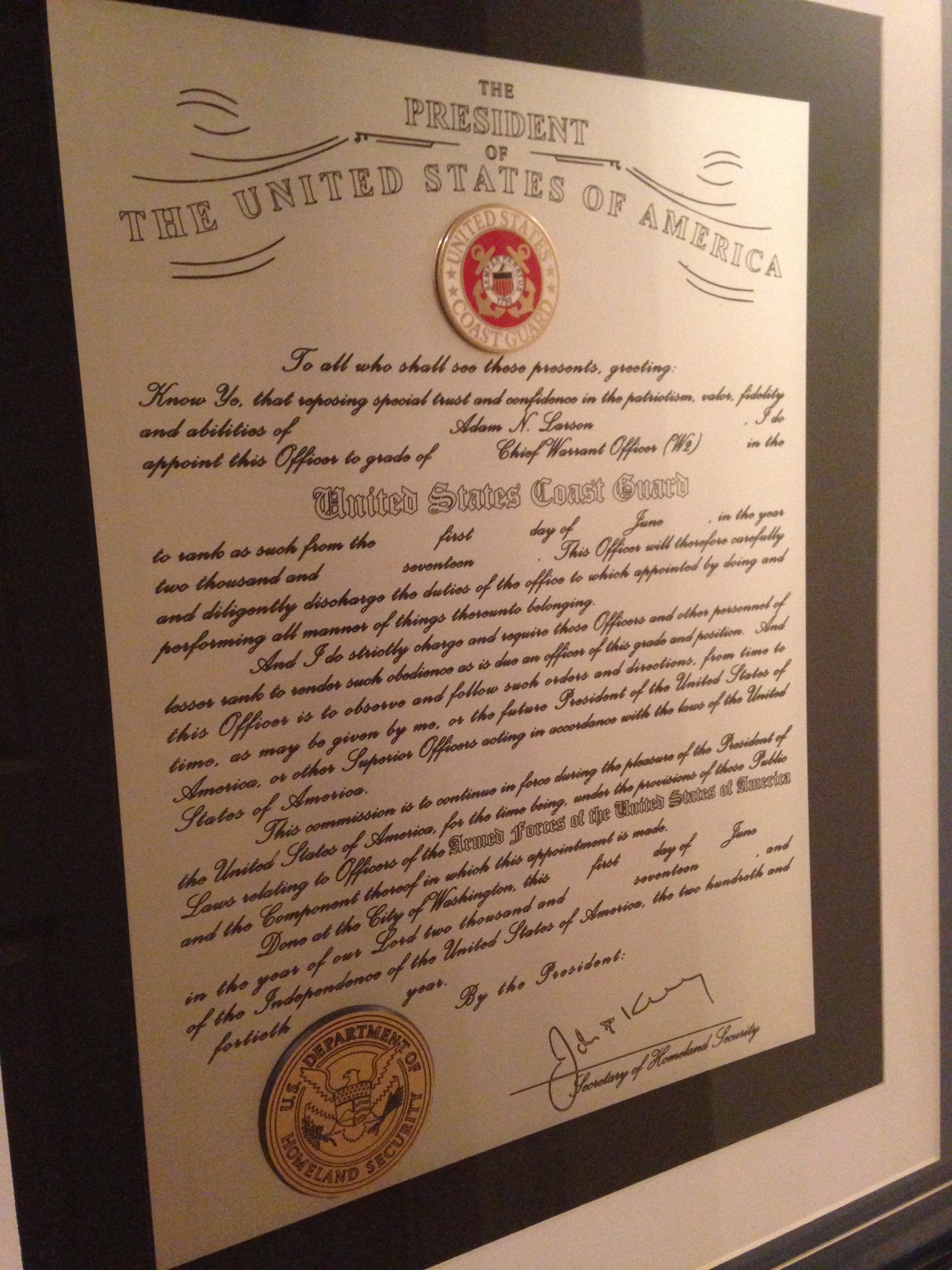 Engraved and Framed Coast Guard Promotion Certificate