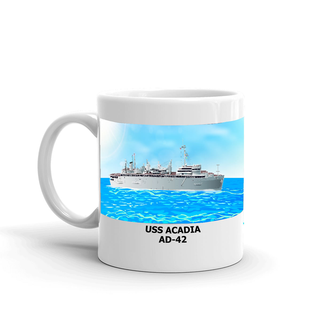 USS Acadia AD-42 Coffee Cup Mug Left Handle