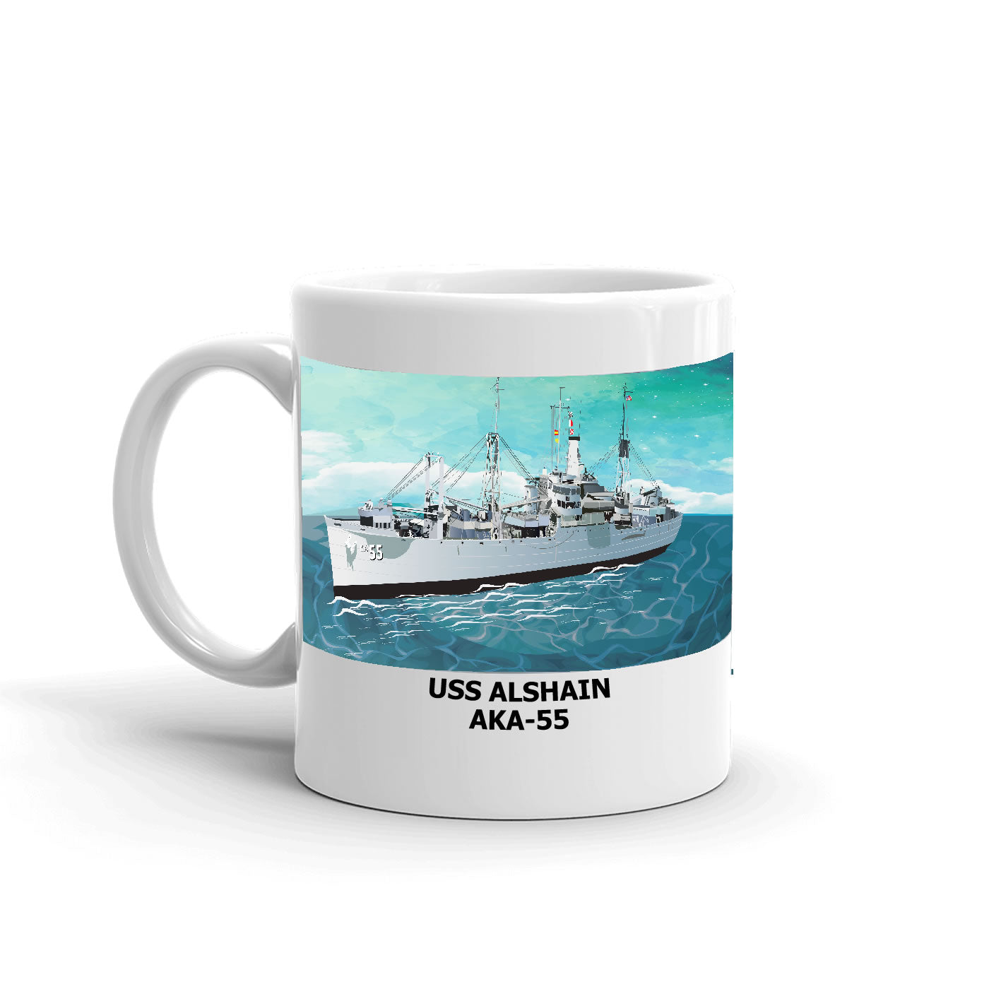 USS Alshain AKA-55 Coffee Cup Mug Left Handle