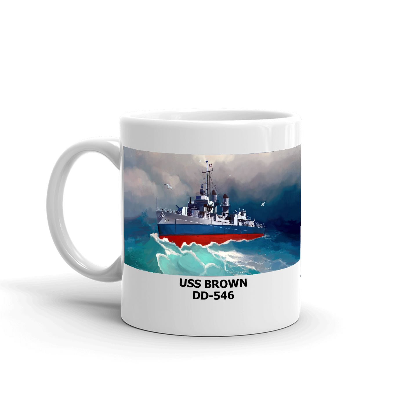 USS Brown DD-546 Coffee Cup Mug Left Handle