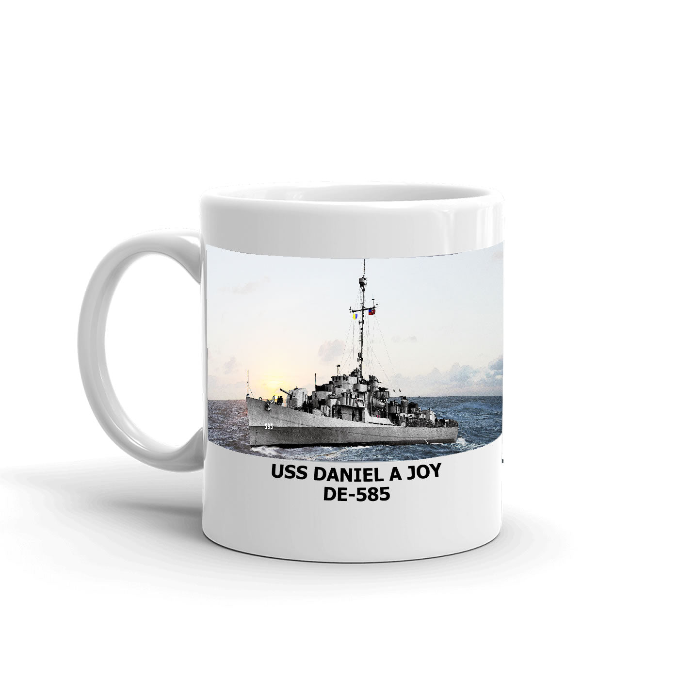 USS Daniel A Joy DE-585 Coffee Cup Mug Left Handle
