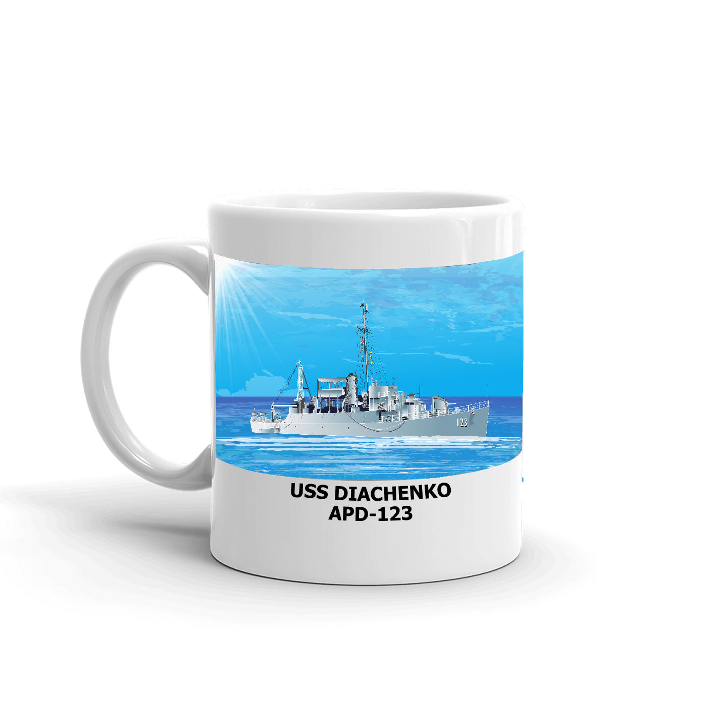 USS Diachenko APD-123 Coffee Cup Mug Left Handle