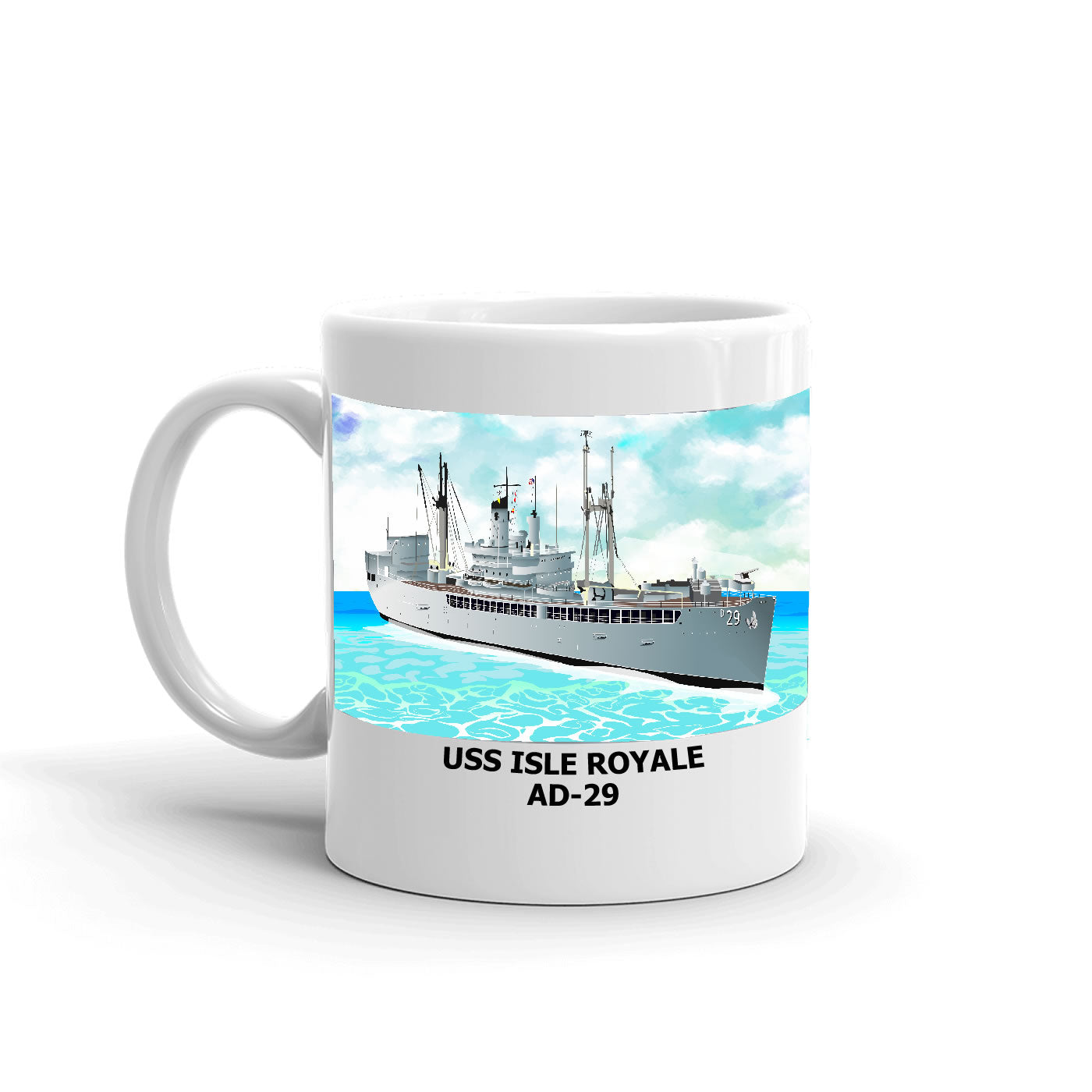 USS Isle Royale AD-29 Coffee Cup Mug Left Handle